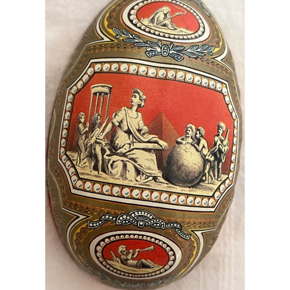 Vintage Decorative Tin Egg | European Easter Decor | Red and Gold Ornate Metal - Picture 4 of 6